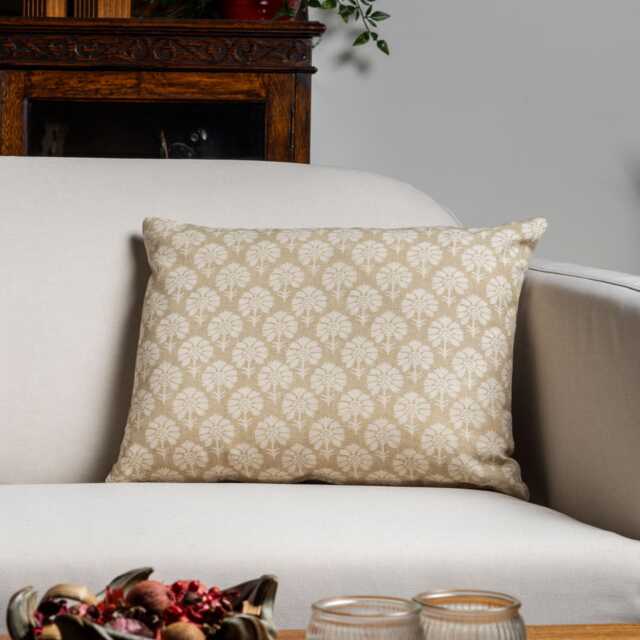 Wildflower Boudoir Cushion in Natural Linen. Block-Print Floral, Blossoms & Botanical Design, Multicoloured. 17x12 - image 1