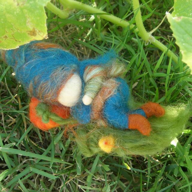 Gnome Napping in A Wee Pumpkin Patch - Waldorf Inspired Wool Needle Felted Autumn Custom Made By Rebecca Varon - image 1