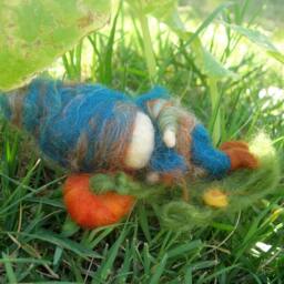 Gnome Napping in A Wee Pumpkin Patch - Waldorf Inspired Wool Needle Felted Autumn Custom Made By Rebecca Varon - thumbnail 3