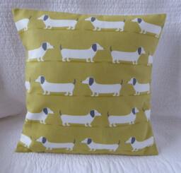 Handmade Dachshund Print Cushion Cover, Saffron Mustard Yellow, 16 - thumbnail 1