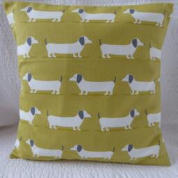 Handmade Dachshund Print Cushion Cover, Saffron Mustard Yellow, 16 - thumbnail 2