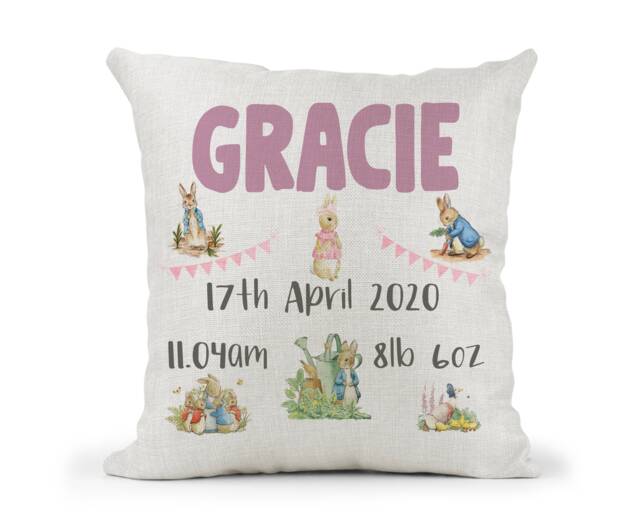Personalised Girls Peter Rabbit & Flopsy Cushion, Name, Christening Gift, New Baby Keepsake , Bedroom Decor - image 1