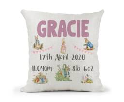 Personalised Girls Peter Rabbit & Flopsy Cushion, Name, Christening Gift, New Baby Keepsake , Bedroom Decor - thumbnail 1