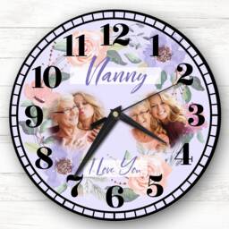 Nanny I Love You Photo Flowers Purple Personalised Gift Clock