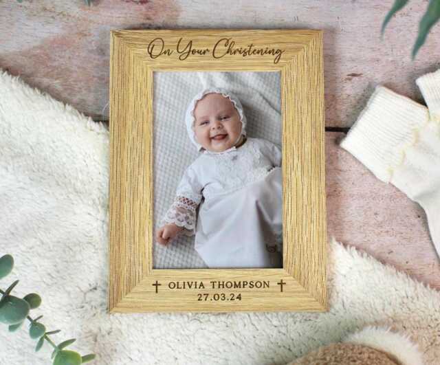 On Your Christening Photo Frame, Personalised Wooden Baptism Picture Baby Name & Date, Gift For Godson Goddaughter, 4x6 - image 1