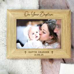 On Your Christening Photo Frame, Personalised Wooden Baptism Picture Baby Name & Date, Gift For Godson Goddaughter, 4x6 - thumbnail 2