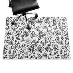 Floral Sketch Office Chair Floor Protector, Grayscale Desk Mat, Plants Vinyl Gaming Mat