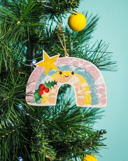 Pastel Rainbow Christmas Tree Decoration, Holly Bauble, Pastel Rainbow Thanks Giving Rainbow, Plywood - image 1