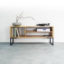 "Large Oak Tv Stand Or Record Player Stand, Vinyl Storage, Solid Premium On Minimalist Square Legs. ""Asymmetric Media Stand" - thumbnail 2