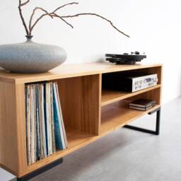 "Large Oak Tv Stand Or Record Player Stand, Vinyl Storage, Solid Premium On Minimalist Square Legs. ""Asymmetric Media Stand" - thumbnail 3