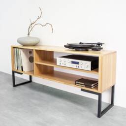 "Large Oak Tv Stand Or Record Player Stand, Vinyl Storage, Solid Premium On Minimalist Square Legs. ""Asymmetric Media Stand" - thumbnail 1