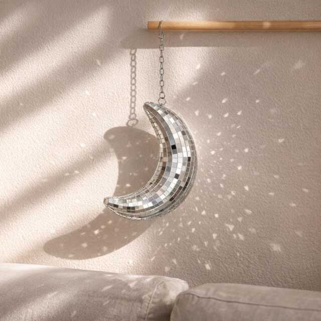 Mirror Mosaic Moon Ornament - Hanging Wall Decor Silver Sparkle Accent Celestial Home Decoration Statement Gift - image 1