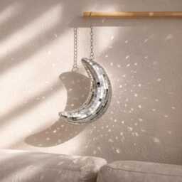 Mirror Mosaic Moon Ornament - Hanging Wall Decor Silver Sparkle Accent Celestial Home Decoration Statement Gift - thumbnail 1