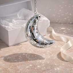 Mirror Mosaic Moon Ornament - Hanging Wall Decor Silver Sparkle Accent Celestial Home Decoration Statement Gift - thumbnail 4