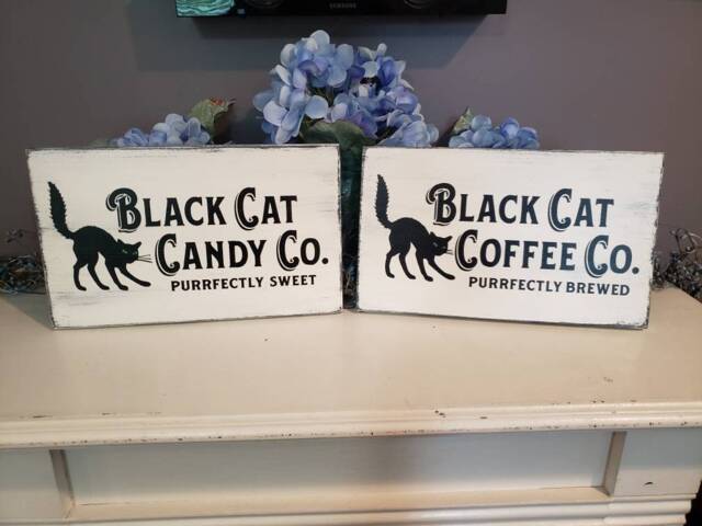 Black Cat Coffee Company Wood Sign Distressed Rustic Farmhouse Decor Primitive Kitchen Wall Hanging Purrfectly Brewed - image 1