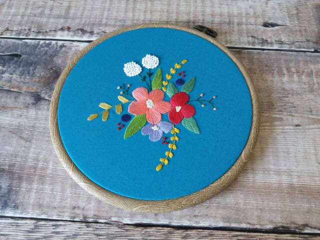 Hand Embroidery Hoop Art, Teal Floral Wall Hanging - image 1