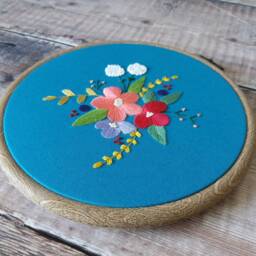 Hand Embroidery Hoop Art, Teal Floral Wall Hanging - thumbnail 3