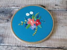 Hand Embroidery Hoop Art, Teal Floral Wall Hanging - thumbnail 1