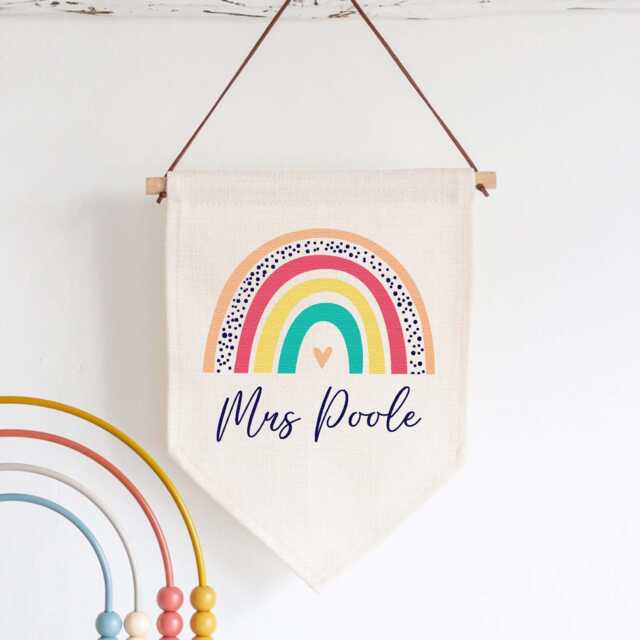 Personalised Teacher Sign - Custom Name Linen Flag Pennant Thank You Gift For Appreciation Classroom Door Hanger Wall Art - image 1