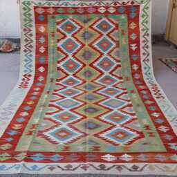 7x10 Ft Afghan Flatweave Kilim Rug, Handmade Wool Turkmen Tribal Green Blue Orange Red Geometric Bedroom Living Room Rug - thumbnail 2