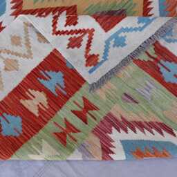 7x10 Ft Afghan Flatweave Kilim Rug, Handmade Wool Turkmen Tribal Green Blue Orange Red Geometric Bedroom Living Room Rug - thumbnail 4