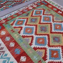 7x10 Ft Afghan Flatweave Kilim Rug, Handmade Wool Turkmen Tribal Green Blue Orange Red Geometric Bedroom Living Room Rug - thumbnail 3