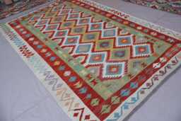 7x10 Ft Afghan Flatweave Kilim Rug, Handmade Wool Turkmen Tribal Green Blue Orange Red Geometric Bedroom Living Room Rug - thumbnail 1
