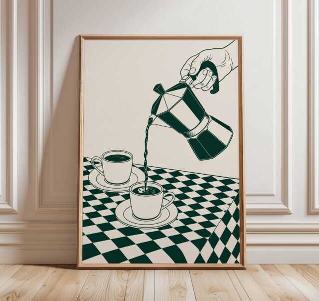Italian Coffee Poster - Retro Moka Pot Wall Art Print, Vintage Kitchen Decor With Cups, Modern Minimalist Cafe Illustration Artwork