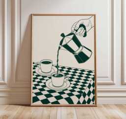 Italian Coffee Poster - Retro Moka Pot Wall Art Print, Vintage Kitchen Decor With Cups, Modern Minimalist Cafe Illustration Artwork - thumbnail 1