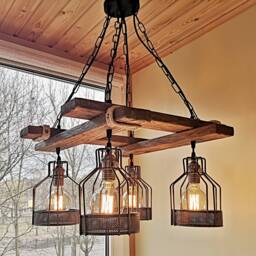 Rustic Light Fixture - Hanging Lighting Industrial Pendant Wood Chandelier No Us Customs Fees - thumbnail 2