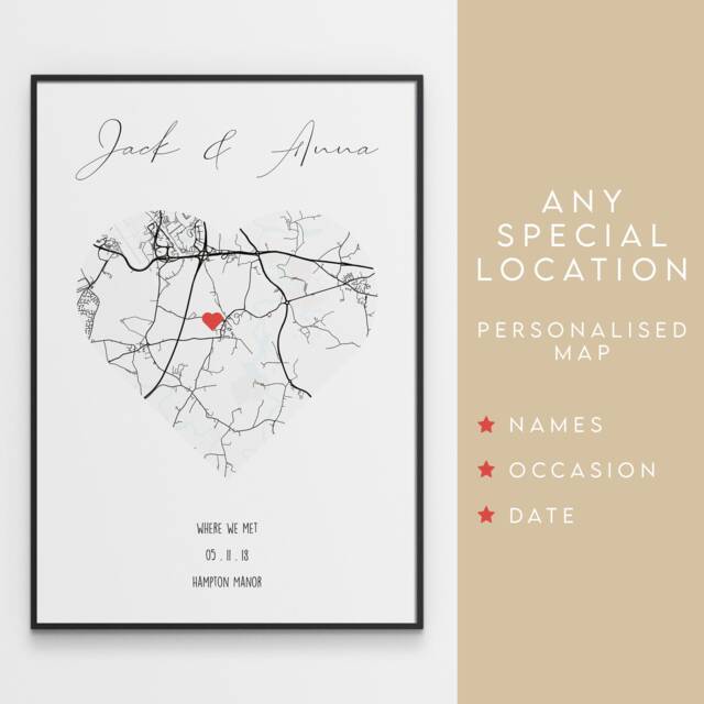 Valentines Gift - Personalised Map Print Of Any Location & Occasion Where We Met/First Date Engaged Married - image 1