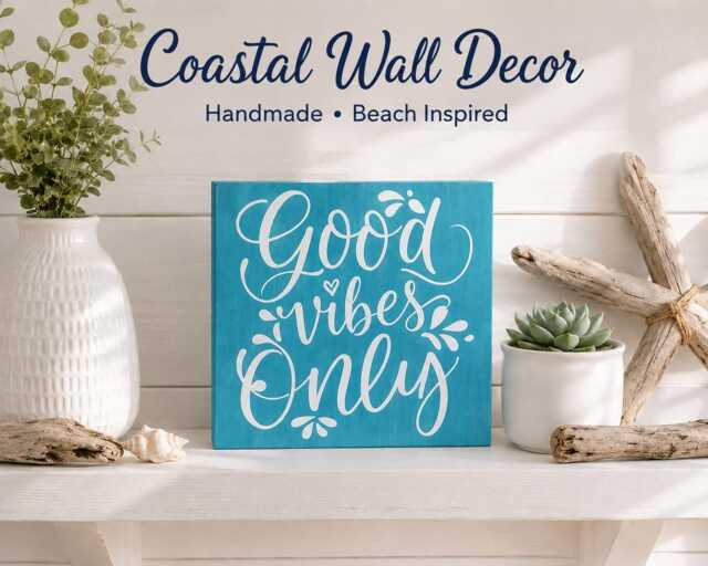 Good Vibes Only Wood- Coastal Wall Decor - Beach House Bathroom Positive Quote Sign Handmade Real Wood Shelf Office Bedroom Gift - image 1