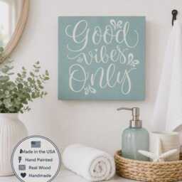 Good Vibes Only Wood- Coastal Wall Decor - Beach House Bathroom Positive Quote Sign Handmade Real Wood Shelf Office Bedroom Gift - thumbnail 2