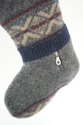Christmas Stocking Wool Blue Grey Brown Repurposed Lands End Winter Sweater Zipper Upcycled Recycled Ooak 633