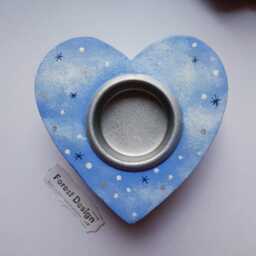 Hand Painted Wooden Tealight Holder Winter Wonderland Heart/Thick Wood Candleholder With Snowy Trees & Bright Blue Frosty Sky - thumbnail 3