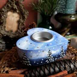 Hand Painted Wooden Tealight Holder Winter Wonderland Heart/Thick Wood Candleholder With Snowy Trees & Bright Blue Frosty Sky - thumbnail 1