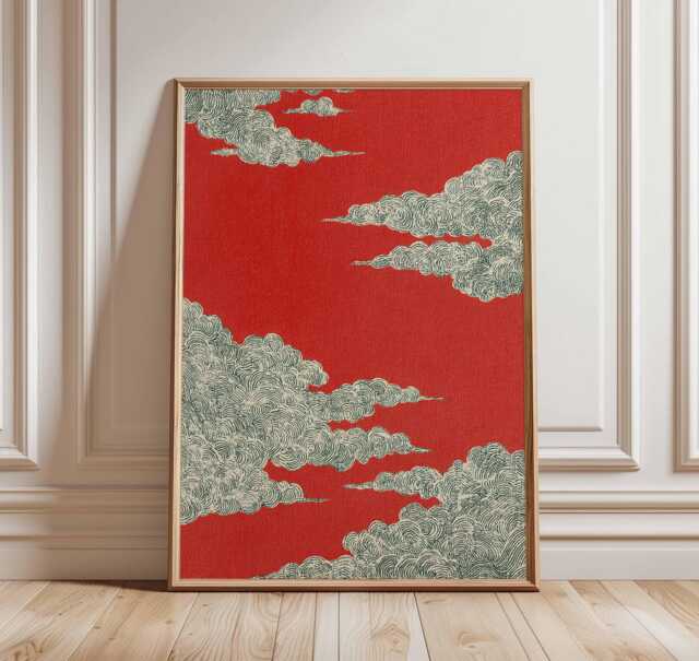 Japanese Red Cloud Poster, Traditional Asian Wall Art Print, Zen Swirl Clouds Illustration, Japandi Decor, Minimalist Artwork - image 1