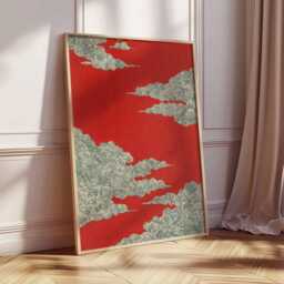 Japanese Red Cloud Poster, Traditional Asian Wall Art Print, Zen Swirl Clouds Illustration, Japandi Decor, Minimalist Artwork - thumbnail 3