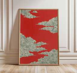 Japanese Red Cloud Poster, Traditional Asian Wall Art Print, Zen Swirl Clouds Illustration, Japandi Decor, Minimalist Artwork - thumbnail 1