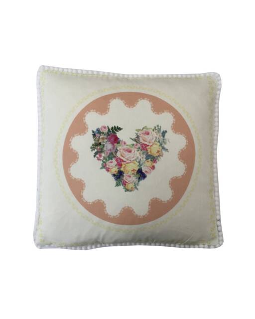 Handmade Hearts Floral Peach Rose Double Sided Pompom Trim Country Cottage Cushion Cover Pillow Sham Gift - image 1