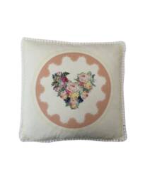 Handmade Hearts Floral Peach Rose Double Sided Pompom Trim Country Cottage Cushion Cover Pillow Sham Gift - thumbnail 1