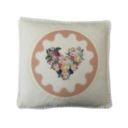 Handmade Hearts Floral Peach Rose Double Sided Pompom Trim Country Cottage Cushion Cover Pillow Sham Gift - thumbnail 2