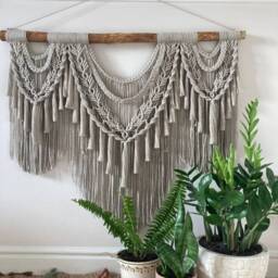 Macrame Wall Hanging With Tassels, Gray Beige Macrame Wall Tapestry, Hanging Decor, Modern Home Over Bed Boho Backdrop - thumbnail 2