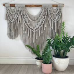 Macrame Wall Hanging With Tassels, Gray Beige Macrame Wall Tapestry, Hanging Decor, Modern Home Over Bed Boho Backdrop - thumbnail 1