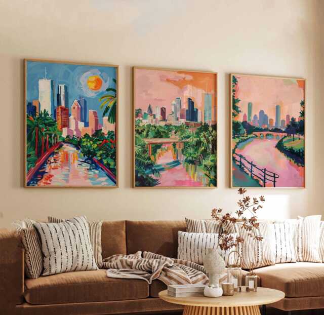 Set Of 3 Houston Posters, Texas Wall Art Prints, Travel Poster Set, City Skyline Urban Landscape Posters - image 1