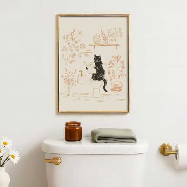 Minimalist Black Cat Bathroom Print - Funny Wall Art Quirky Animal Lover Gift Neutral Decor - image 1