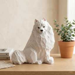 Whimsical White Samoyed Wood Carving Geometric Fluffy Dog Figurine Minimalist Pet Memorial Unique Gift For Lovers Desk Decor - thumbnail 1