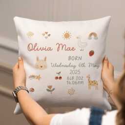 Personalised New Baby Cushion - Floral Nursery Girl's Duck Girl Gift Peach - thumbnail 2