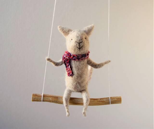 Cat On Swing , Gray Needle Felted Cat, Nursery Decoration, Baby Crib Mobile, Toy, Mobile