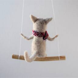 Cat On Swing , Gray Needle Felted Cat, Nursery Decoration, Baby Crib Mobile, Toy, Mobile - thumbnail 4